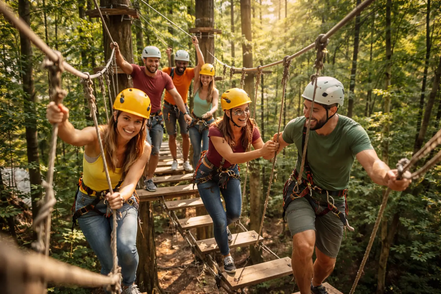 Schulklasse im Hochseilgarten Wupperhöhe beim Teamtraining